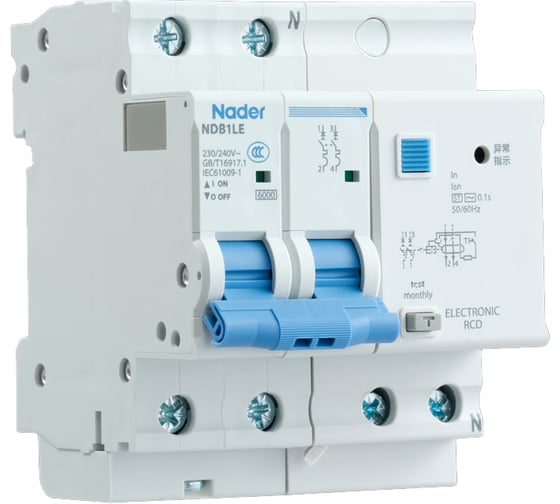 Автоматический выключатель дифференциального тока Nader NDB1LE-63C10/2P/30mA/AC 121300091