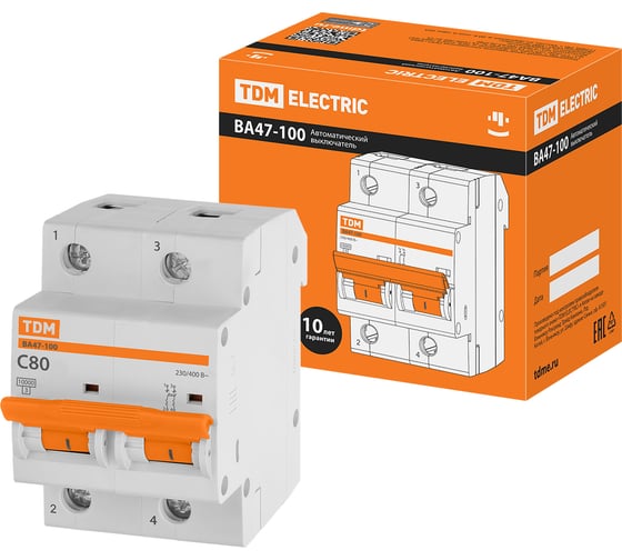 Автоматический выключатель TDM ELECTRIC ВА47-100 2Р 80А 10кА х-ка С SQ0207-0065
