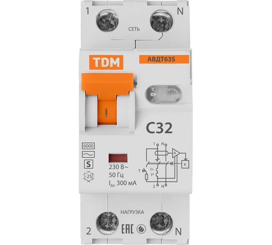 Автоматический выключатель дифференциального тока TDM ELECTRIC АВДТ 63S, 2P 1P+N, C, 32, 300мА, 6кА, тип АС TDM ELECTRIC SQ0202-0037