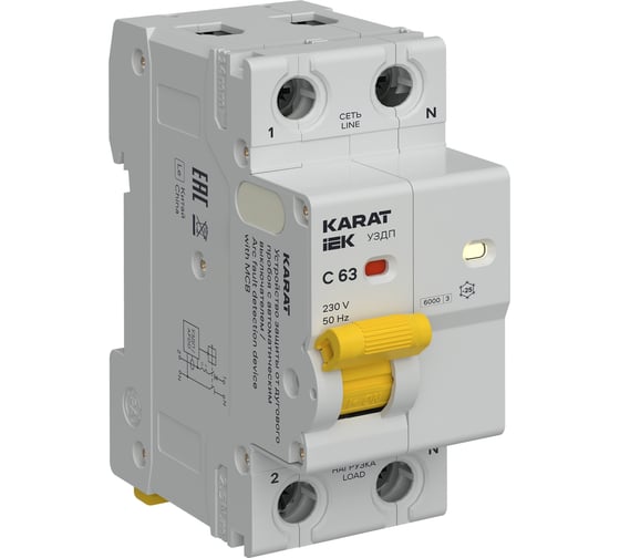 Устройство защиты от дугового пробоя IEK KARAT c автоматическим выключателем 1P+N C 63A KA-DP11-1-063-C