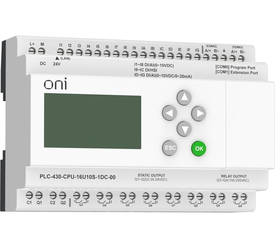Модуль ЦПУ ONI ПЛК 430 4 DI 12 UI (0-10 В/DI) 8 RO 2 TO 24В DC с Ethernet портом с экраном PLC-430-CPU-16U10S-1DC-00