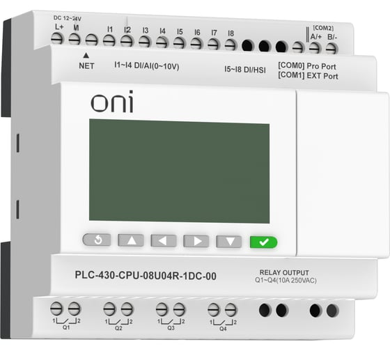 Модуль ЦПУ ONI ПЛК 430 4 DI 4 UI (0-10 В/DI) 4 RO 24В DC с Ethernet портом с экраном PLC-430-CPU-08U04R-1DC-00