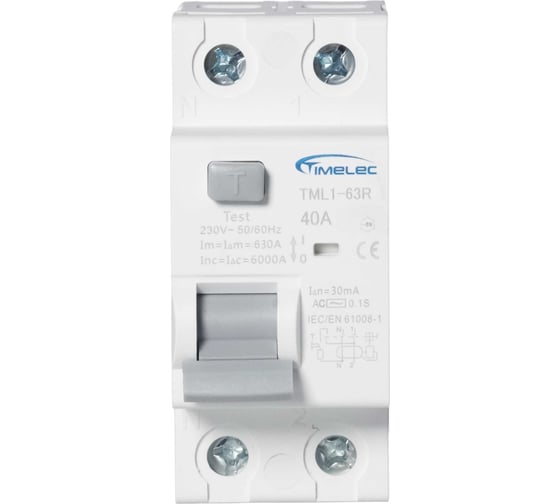 Устройство защитного отключения Timelec (УЗО), 2Р, 40А, тип AC, 30мА TML1-63R-2P-40AC30