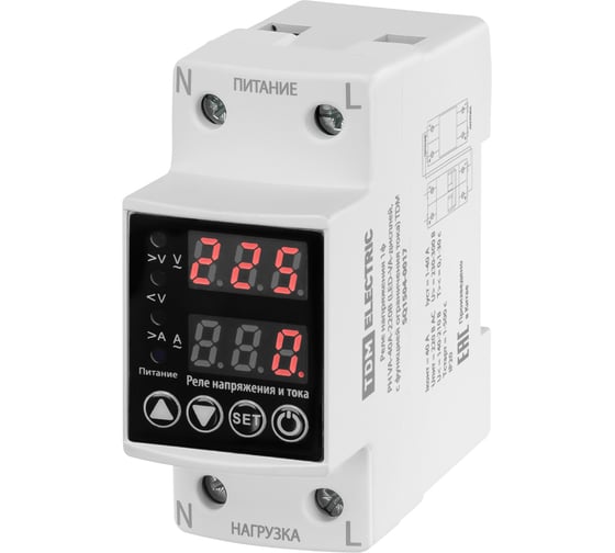 Реле напряжения TDM ELECTRIC 1ф РН VA-40А-220В (LED-VA-дисплей, с функцией ограничения тока) SQ1504-0017