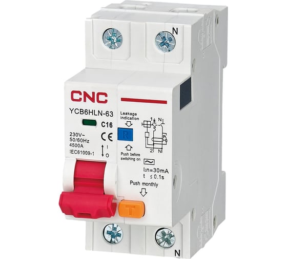 Дифференциальный автомат CNC YCB6HLN-63 16А 1P+N 10мА 4,5кА C (электронный) A001270