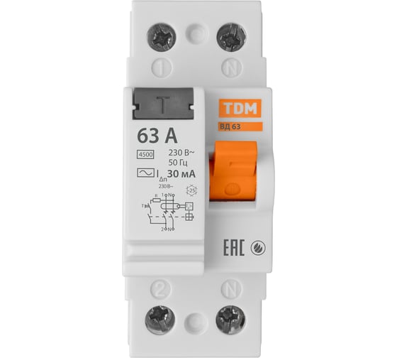 Устройство защитного отключения TDM ELECTRIC УЗО ВД63 2Р, 63А, 30мА, электронное SQ0220-0005