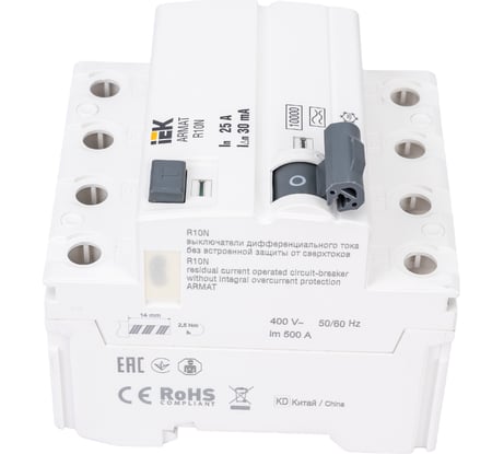Выключатель дифференциального тока IEK ARMAT R10N 4P 25А 30мА тип A AR-R10N-4-025A030