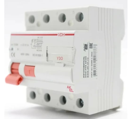 Устройство защитного отключения Akel УЗО-VDH-4P-80A-100mA-ТипAC 4P/80A/AC/230VAC/100mA/10kA 400682