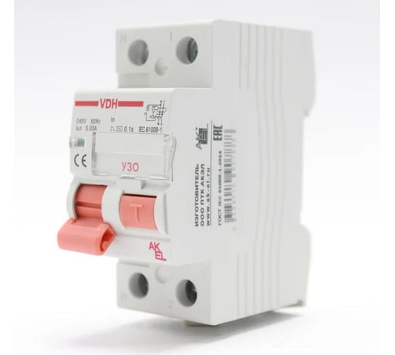 Устройство защитного отключения Akel УЗО-VDH-2P-6A-30mA-ТипAC 2P/6A/AC/230VAC/30mA/10kA 400687