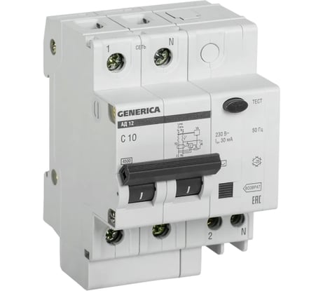 Дифференциальный автомат GENERICA АД12 2Р 10А 30мА MAD15-2-010-C-030