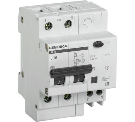 Дифференциальный автомат GENERICA АД12 2Р 16А 30мА MAD15-2-016-C-030
