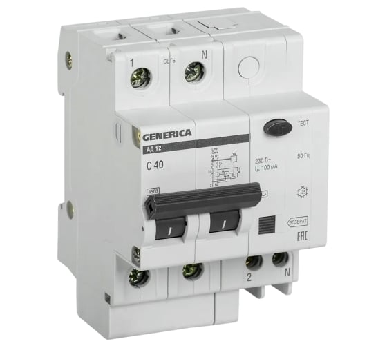 Дифференциальный автомат GENERICA АД12 2Р 40А 100мА MAD15-2-040-C-100 1