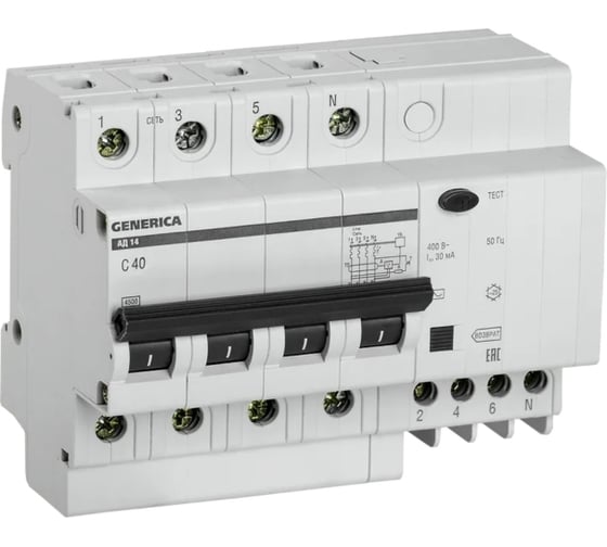 Дифференциальный автомат GENERICA АД14 4Р 40А 30мА MAD15-4-040-C-030