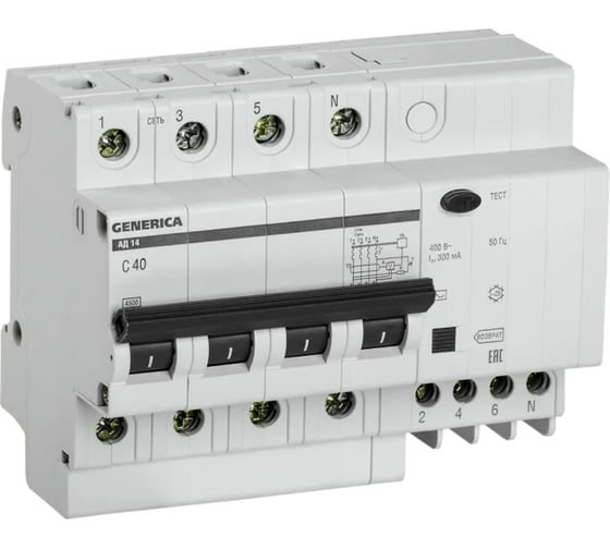Дифференциальный автомат GENERICA АД14 4Р 40А 300мА MAD15-4-040-C-300