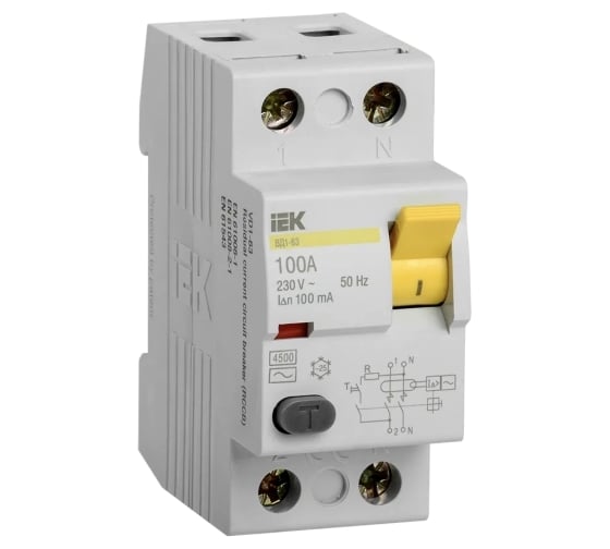 Дифференциальный выключатель IEK УЗО ВД1-63 2Р100А 100мА ИЭК MDV10-2-100-100