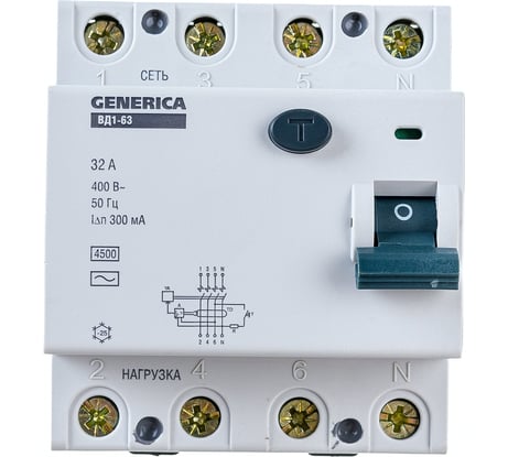 Дифференциальный выключатель GENERICA УЗО ВД1-63 4Р 32А 300мА MDV15-4-032-300