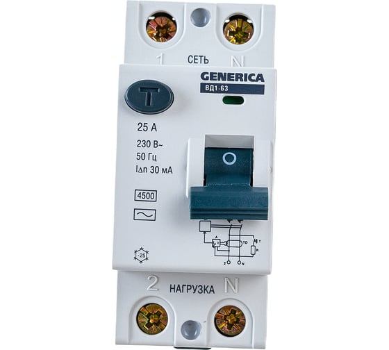 Дифференциальный выключатель GENERICA УЗО ВД1-63 2Р 25А 30мА MDV15-2-025-030