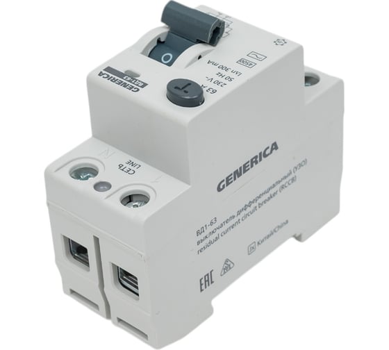 Дифференциальный выключатель GENERICA УЗО ВД1-63 2Р 63А 300мА MDV15-2-063-300