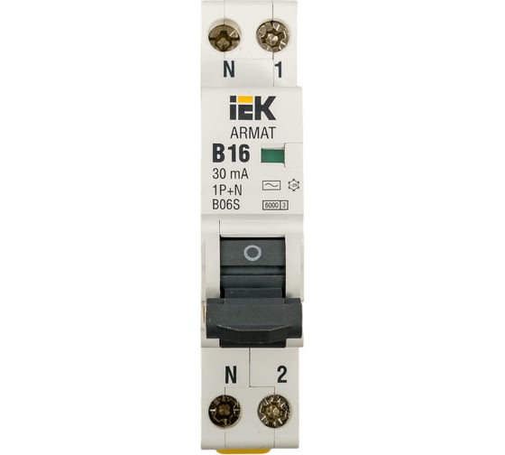 Автоматический выключатель дифференциального тока IEK ARMAT B06S 1P+NP B16 30мА тип AC (18мм) AR-B06S-1N-B16C030