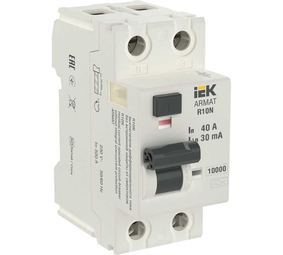 Выключатель дифференциального тока IEK ARMAT R10N 2P 40А 30мА тип A AR-R10N-2-040A030