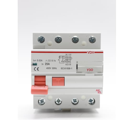 Устройство защитного отключения AKEL VDH-4P-25A-30mA-ТипAC 400669