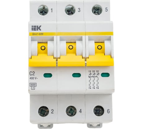 Автоматический выключатель IEK ВА47-60M 3Р 2А 6кА С MVA31-3-002-C