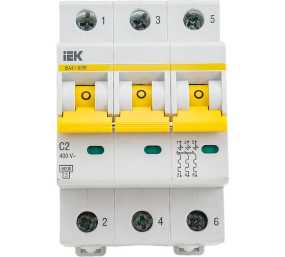 Автоматический выключатель IEK ВА47-60M 3Р 2А 6кА С MVA31-3-002-C