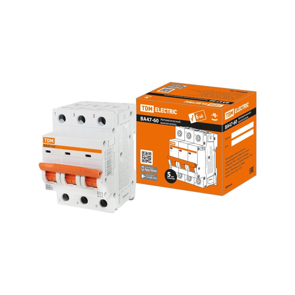 Автоматический выключатель TDM ВА47-60 3Р, 50А, 6кА, характеристика D ...