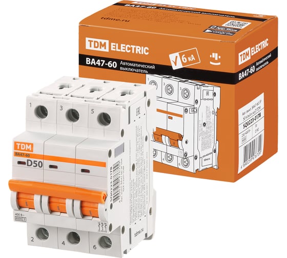 Автоматический выключатель TDM ELECTRIC ВА47-60 3Р, 50А, 6кА, характеристика D SQ0223-0178