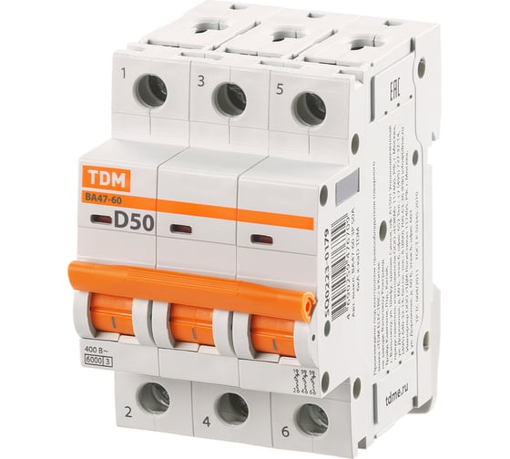 Автоматический выключатель TDM ELECTRIC ВА47-60 3Р, 63А, 6кА, характеристика D SQ0223-0179