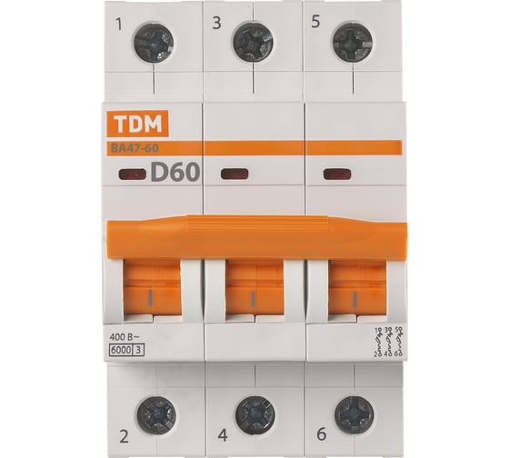 Автоматический выключатель TDM ELECTRIC ВА47-60 3Р, 63А, 6кА, характеристика D SQ0223-0179