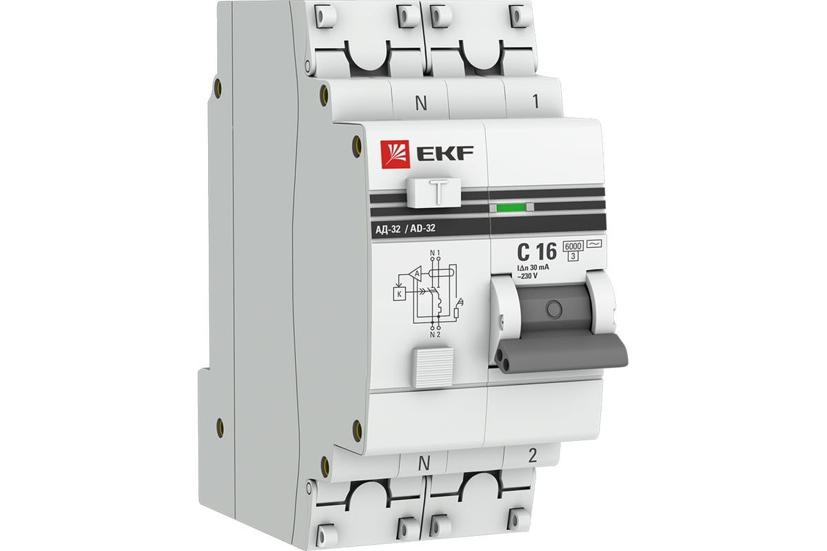 Дифференциальный автомат EKF АД-32 1P+N 25А/30мА характеристика C, A,  электронный, защита 270В 6кА PROxima DA32-6-25-30-a-pro - выгодная цена,  отзывы, характеристики, фото - купить в Москве и РФ