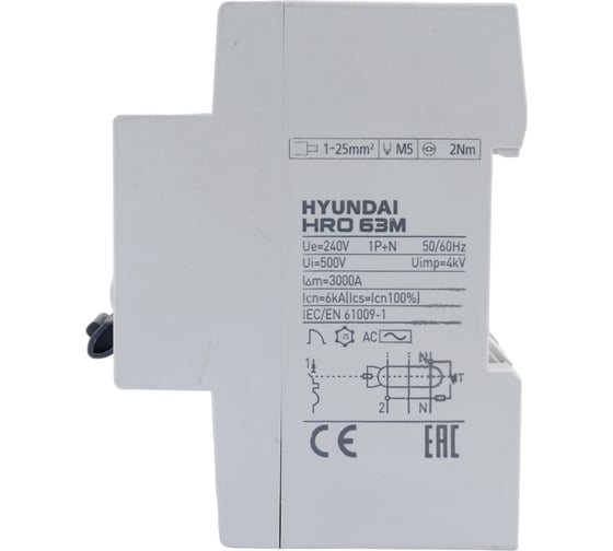 Дифференциальный автомат Hyundai HRO63M 1NG5C0000C 00050G 1п + нейтр., 50A ток, к.з. 13.06.000114