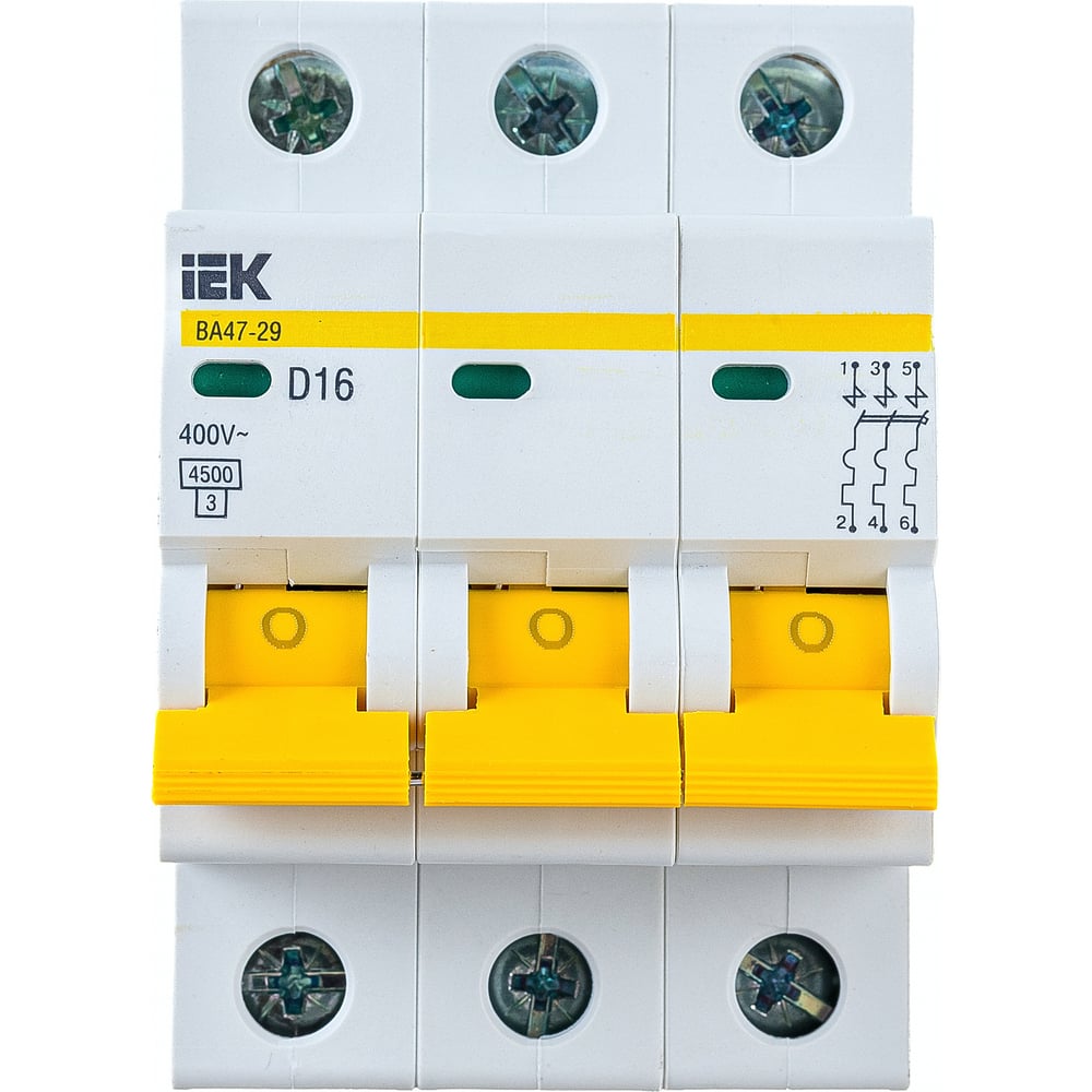 Автоматический 3-полюсный выключатель, 16А, D ВА47-29 4.5кА IEK MVA20-3 .