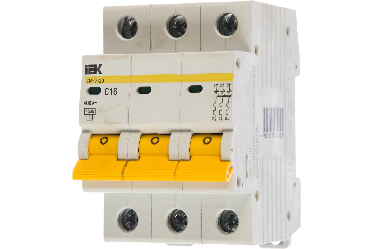 Автоматический 3-полюсный выключатель, 16А, С ВА47-29 4.5кА IEK MVA20-3 ...