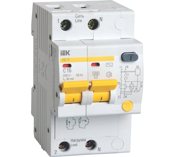 Дифавтомат АД-12 2п, C, 16А, 30мА IEK MAD10-2-016-C-030