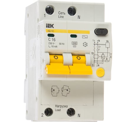 Дифавтомат АД-12 2п, 16А, C, 10мА IEK MAD10-2-016-C-010