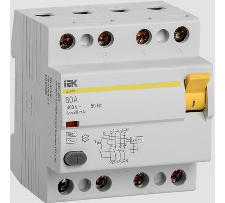 Выключатель дифференциального тока IEK 4п 80A 30mA тип AC ВД1-63 ИЭК MDV10-4-080-030