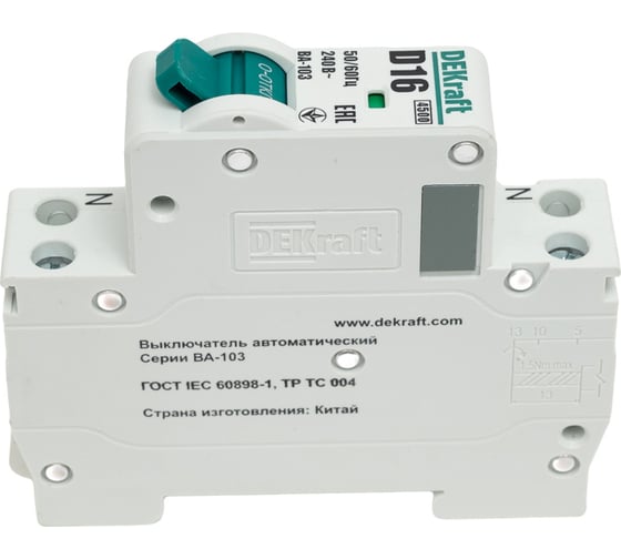Автоматический выключатель DEKraft 1+n 16а х-ка d ва-103 4,5ка 12409DEK