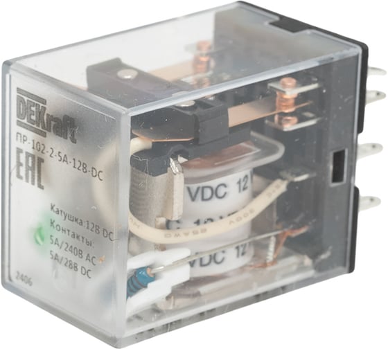 Промежуточное реле DEKraft 2-контактное, с led инд. 5а 12в dc пр-102 23836DEK