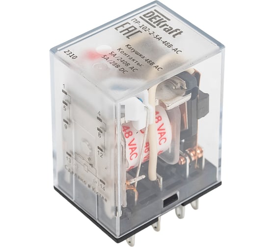 Промежуточное реле DEKraft 2-контактное, с led инд. 5а 48в ac пр-102 23858DEK