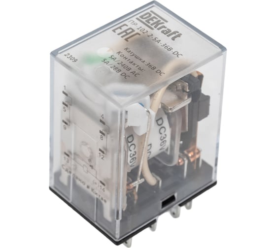 Промежуточное реле DEKraft 2-контактное, с led инд. 5а 36в dc пр-102 23840DEK
