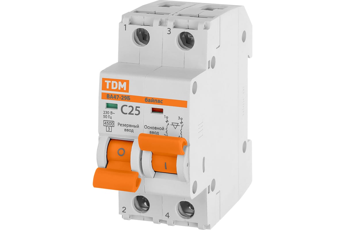 Автоматический выключатель с механической блокировкой (байпас) ВА47-29Б 1Р+1Р 25А 4,5кА х-ка C TDM