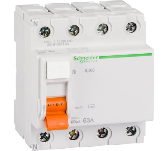 Выключатель дифференциального тока Systeme Electric 11467 ВД63 Домовой 4п 63A 100mA AC 1