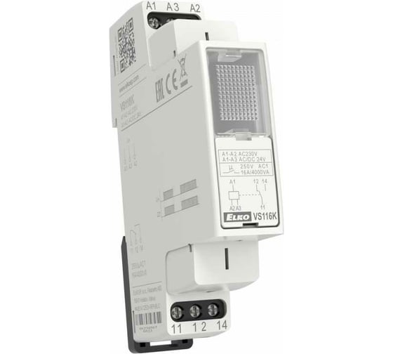 Вспомогательное реле ELKO EP VS116K/white белое, AC 230V (А1-А2), AC/DC 24V (А1-А3), переключение 1x16A (AgSnO2), 1 модуль DIN, 50-60Hz НФ-00000033 1