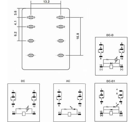 Реле Shenler 2c 220v dc + светодиод + тест-кнопка RKE2CO220LT
