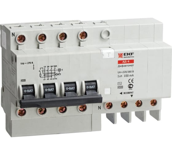 Дифавтомат АД-4 4п C 32A 30mA AC 4.5kA EKF DA4-32-30
