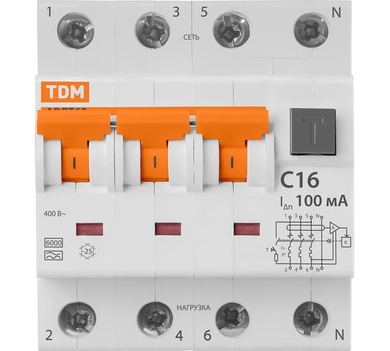 Автоматический выключатель дифференциального тока TDM АВДТ 63 4P C16 100мА SQ0202-0021