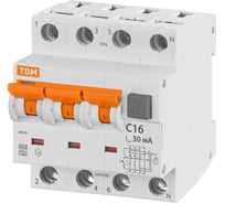 Автоматический выключатель дифференциального тока TDM ELECTRIC АВДТ 63 4P(3Р+N) C16 30мА 6кА тип А SQ0202-0017