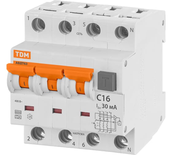 Автоматический выключатель дифференциального тока TDM ELECTRIC АВДТ 63 4P(3Р+N) C16 30мА 6кА тип А SQ0202-0017 1